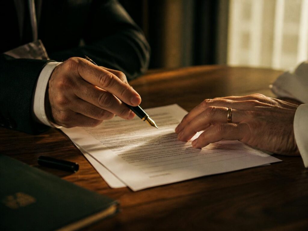 Mão assinando documento sobre uma mesa de madeira com caneta-tinteiro