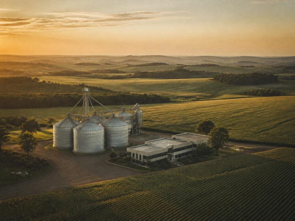 Armazéns e silos em meio à lavoura ao pôr do sol